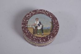 A SUPERB MICRO MOSIAC GOLD AND MARBLE CIRCULAR BOX with a mosaic scene of a young lady.