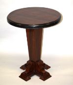 AN ART DECO DESIGN DARK WOOD CIRCULAR TOP TABLE. 2ft 5ins high x 1ft 11ins diameter.