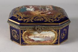 A GOOD 19TH CENTURY SEVRES CASKET AND COVER, rich blue ground edged in gilt and painted with