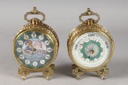 A VERY GOOD PAIR OF CIRCULAR TABLE CLOCKS 3.5ins diameter. The clock face painted with a classical