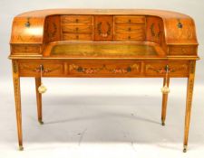 A GOOD SHERATON REVIVAL SATINWOOD CARLTON HOUSE DESK with painted panels, flowers, urns and