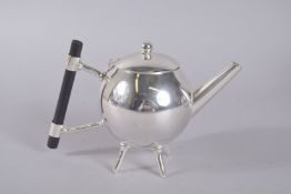 A CHRISTOPHER DRESSER DESIGN GLOBULAR SILVER PLATED TEA POT.