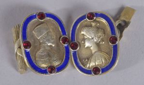A PAIR OF RUSSIAN SILVER AND BLUE ENAMEL PORTRAIT HEAD CUFFLINKS.