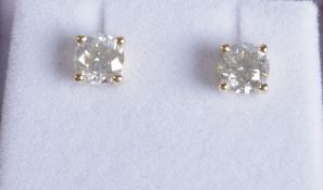 A PAIR OF 18CT YELLOW GOLD 4 CLAW SET SOLITAIRE DIAMOND STUDS RBC diamonds 1.82ct.