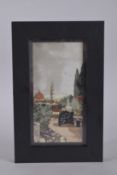 A GOOD ITALIAN FRAMED PIETRA DURA PLAQUE with tower, building and trees. 9.5ins x 4.5ins.
