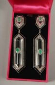 A SILVER AND GOLD ROCK CRYSTAL, EMERALD AND DIAMOND DECO STYLE EARRINGS.