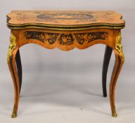 A VERY GOOD 19TH CENTURY KINGWOOD MARQUETRY FOLDING TOP CARD TABLE with very fine inlay, flowers,