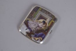 A GOOD STERLING SILVER AND ENAMEL TOP CIGARETTE CASE. Interior after Ruz Micek 3.5ins x 2.75ins