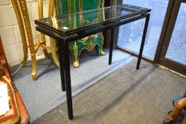 A GOOD PIERRE VANDEL OF PARIS, CIRCA. 1970, LONG GLASS TOP SIDE TABLE. 4ft 3ins long x 1ft 4ins deep
