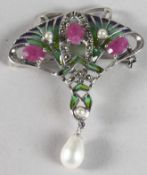 A SILVER RUBY, PEARL AND PLIQUE ENAMEL BROOCH.