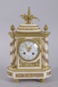 A GOOD FRENCH WHITE MARBLE AND ORMOLU CLOCK, with eight-day movement, pineapple finial and column