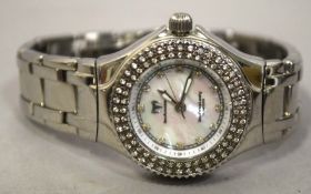 A DIAMOND TECHNOMARINE MOTHER OF PEARL FACE LADIES WATCH in leather case, with two straps and
