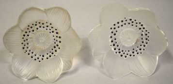 A PAIR OF LALIQUE FLOWERS. Etched Lalique, France. 3.75ins wide.