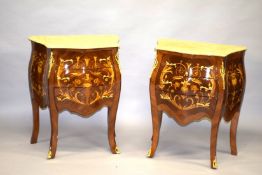 A PAIR OF LOUIS XVI DESIGN MARBLE TOP INLAID COMMODES with three drawers on curving legs.