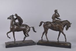 A. TCHERNOCHTCHEKOV. A PAIR OF RUSSIAN PATINATED BRONZE FIGURES OF RACEHORSES AND JOCKEYS, Circa.