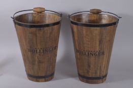 A PAIR OF WOODEN BOLLINGER BUCKETS. 15ins high.