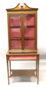 AN EDWARDIAN MAHOGANY CHINA AND BIJOUTERIE CABINET, the top with glass panel doors, two glass