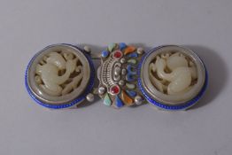 A CHINESE JADE MOUNTED ENAMELLED BELT BUCKLE, (2 pieces).
