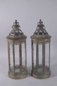 A SMALL PAIR OF GILT METAL CIRCULAR LANTERNS. 22ins high.