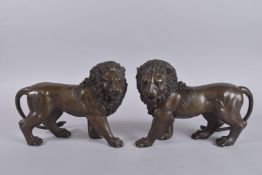 A PAIR OF BRONZE LIONS. 12ins high.
