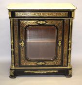 A GOOD BOULLE MUSIC CABINET with marble top. 3ft 6ins high x 3ft 2ins wide.