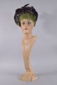 AN ART DECO PAINTED PLASTER HAT MANNEQUIN, in the form of a stylised female bust. 30ins high.