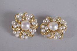 A GOOD PAIR OF 18CT GOLD TIFFANY PEARL AND DIAMOND EAR CLIPS. Stamped .750