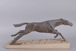 MAX LE VERRIER (1891-1973. AN ART DECO PATINATED SPELTER FIGURE OF A GALLOPING HORSE, mounted on a