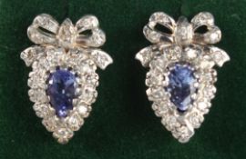 A PAIR OF 9CT GOLD, TANZANITE AND DIAMOND HEART EARRINGS.