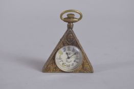 A BRASS MASONIC TRIANGUALR POCKET WATCH.
