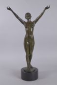 PAUL AICHELE (1859-1910). A SUPERB LARGE PATINATED BRONZE FIGURE OF A NUDE WITH ARMS OUTSTRETCHED,