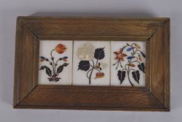 A SET OF THREE INLAID MARBLE PLAQUES. Each 3.5ins x 2.5ins.