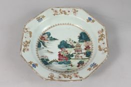A FINE 19TH CENTURY CHINESE EXPORT FAMILLE ROSE PORCELAIN DEEP HEXAGONAL DISH, with central
