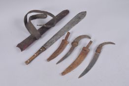 THREE AFRICAN LEATHER WRAPPED KNIVES, (3).