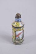 A CHINESE ENAMELLED SNUFF BOTTLE, painted with carp and flowers, base with four-character mark, 10cm