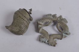 A 19TH CENTURY INDIAN ZOOMORPHIC BRASS DOOR KNOCKER, formed as cobra snakes and peacocks, together