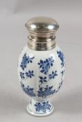 A CHINESE KANGXI PERIOD SILVER MOUNTED BLUE AND WHITE PORCELAIN CADDY, with decorative floral
