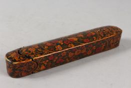 A FINE PERSIAN QAJAR LACQUERED PAPIER MACHE PENBOX, 23cm long.