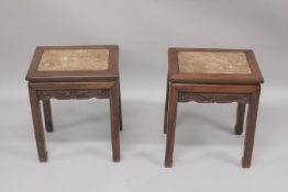 A PAIR OF CHINESE MARBLE INSET RECTANGULAR STANDS, 51cm high, top 41cm x 31cm.