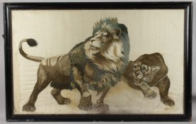A FINE AND LARGE JAPANESE EMBROIDERED SILK TEXTILE PICTURE OF A LION AND LIONESS, framed and glazed,