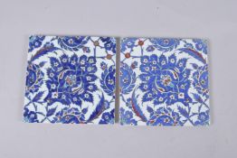 TWO 20TH CENTURY IZNIK STYLE GLAZED POTTERY TILES.