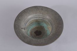 A 17TH-18TH CENTURY PERSIAN SAFAVID TINNED COPPER BASIN, 32cm high.
