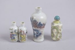 THREE CHINESE PORCELAIN SNUFF BOTTLES, including a double-bottle with character marks, (3).
