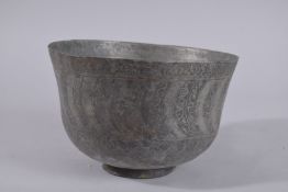 A LATE PERSIAN QAJAR ENGRAVED TINNED COPPER BOWL, 22cm wide.