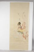 A LARGE CHINESE PAINTING ON SILK, depicting a fluting female figure atop a mythical bird /