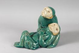 A LARGE CHINESE TURQUOISE GLAZED POTTERY GROUP OF TWO MONKEYS, the base with impressed mark, 27cm