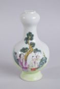 A CHINESE FAMILLE ROSE PORCELAIN WALL VASE, enamel-painted with two figures, six-character mark to