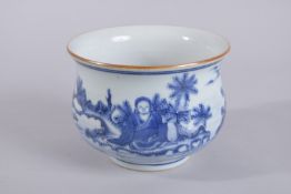 A CHINESE BLUE AND WHITE PORCELAIN BOWL, Kangxi style, painted with figures, 15.5cm diameter.