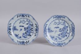 A PAIR OF 18TH CENTURY CHINESE BLUE AND WHITE PORCELAIN DISHES, painted with flora and cranes, 22.