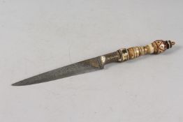 A FINE INDIAN BONE HILTED SILVER AND GOLD INLAID WATERED STEEL DAGGER, 31cm long.
